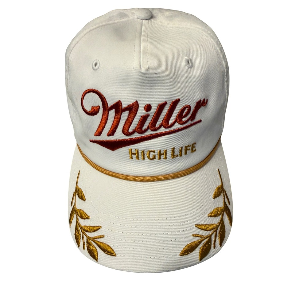 Miller High Life White Snapback Hat Mad Engine Gold Laurel‎ Leaf Beer Cap Retro